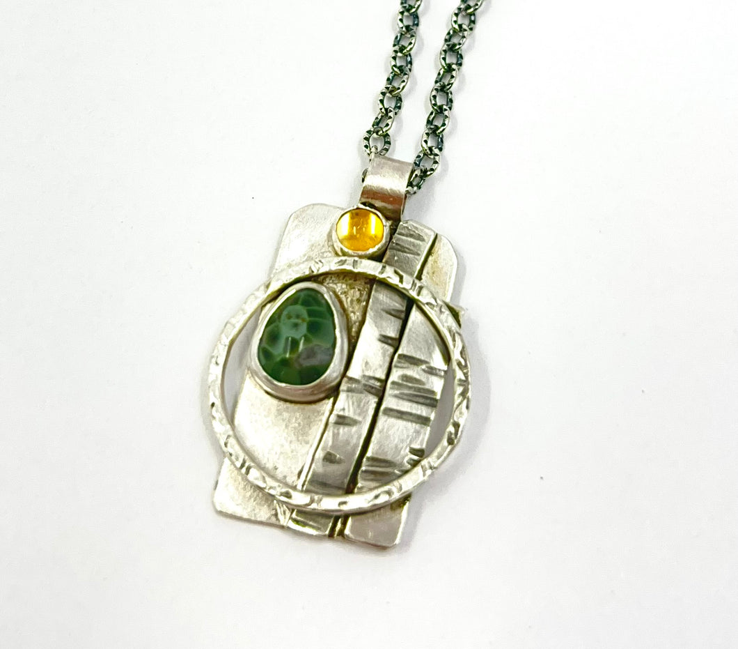 Pendant Silver Greenstone, Citrine, Birch