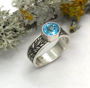 Ring Swiss Blue Topaz with Leaf Etching